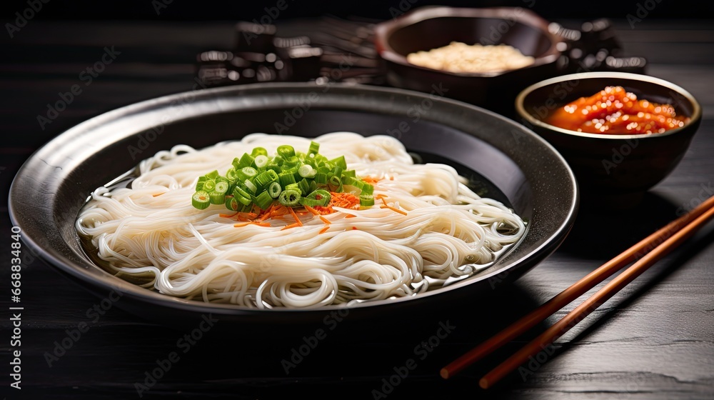 Poster a close up of a bowl of noodles with chopsticks on a table with a bowl of soup and a bowl of chopsti