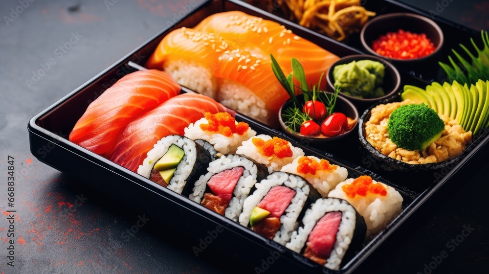 Poster a close up of a tray of sushi with different types of vegetables and sauces on the side of the tray 