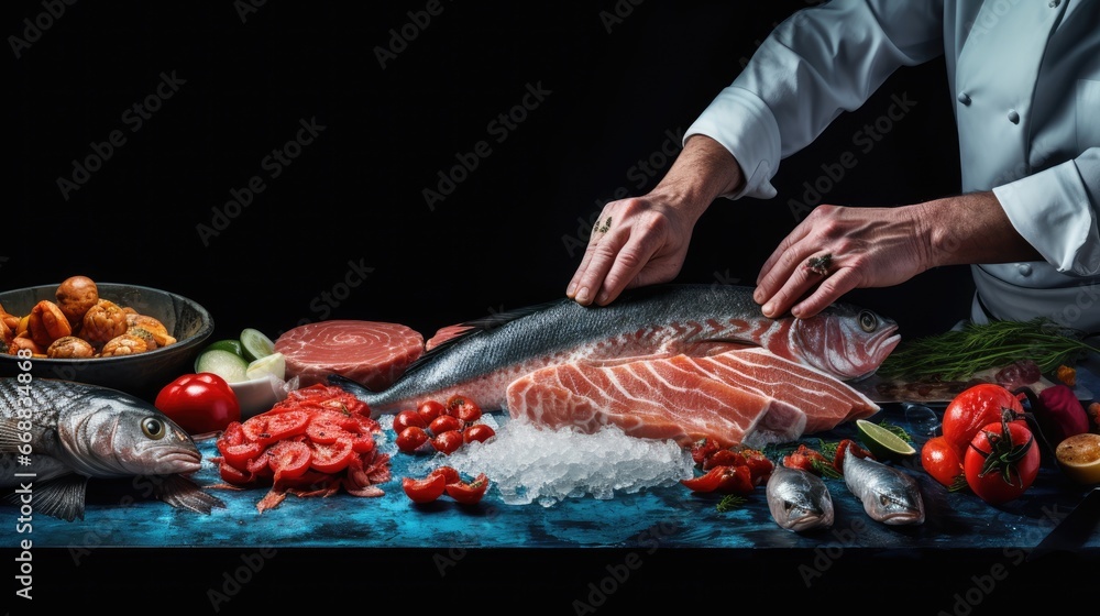 Poster a chef cuts up a piece of fish on a table with a bowl of vegetables and a plate of meat on a table n