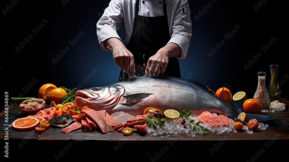 Poster a man in a chef's uniform is preparing a large fish on a cutting board with a knife and a bunch of f