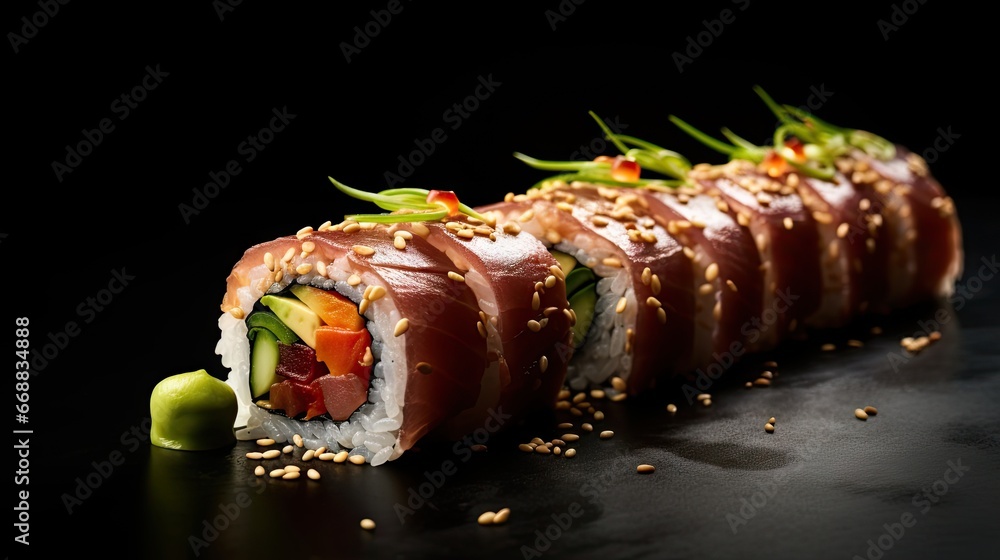 Poster a close up of a sushi roll on a black surface with sprinkles on the side of the roll and a green pep