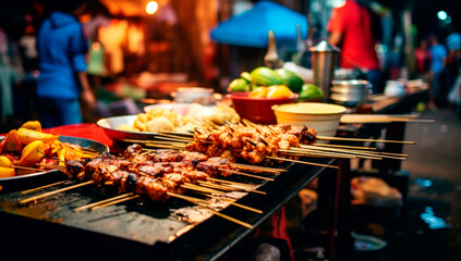 Fried food with sticks, Thai style food, Thailand street food. AI generated - obrazy, fototapety, plakaty