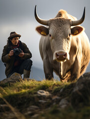 A Photo of a Cow and a Wildlife Photographer in Nature