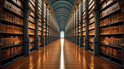 The harmonious symmetry of library aisles, guiding the visitor into realms of knowledge.