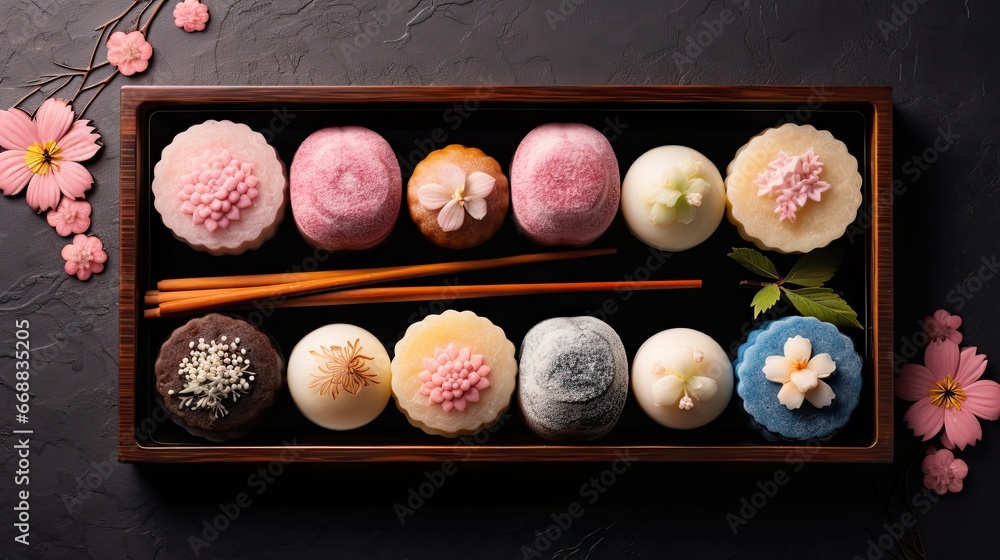 Poster a close up of a box of food with chopsticks and flowers on the side of the box and a flower on the o