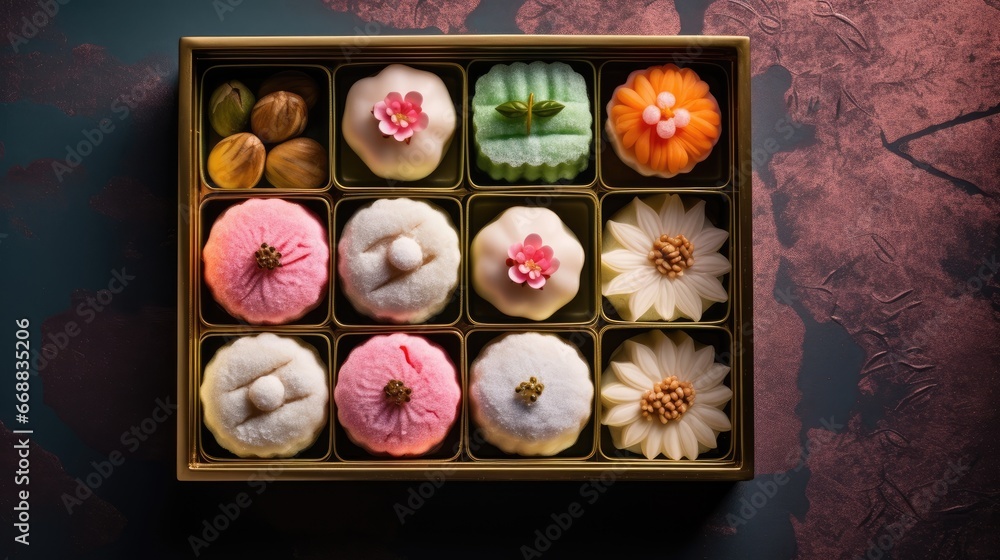 Poster a close up of a box of doughnuts with different types of doughnuts on top of each of the doughnuts a