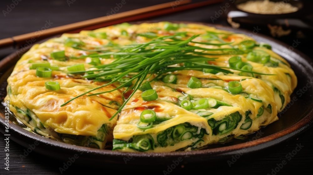 Poster a close up of a plate of food on a table with chopsticks and chopsticks next to a plate of food on a
