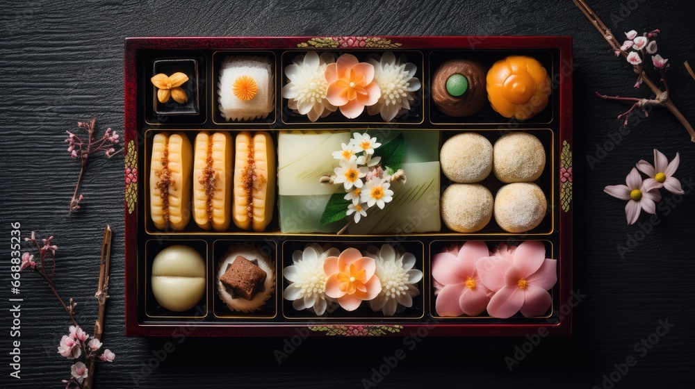 Poster a close up of a box of food on a table with flowers and a butterfly on the top of the box and an ora