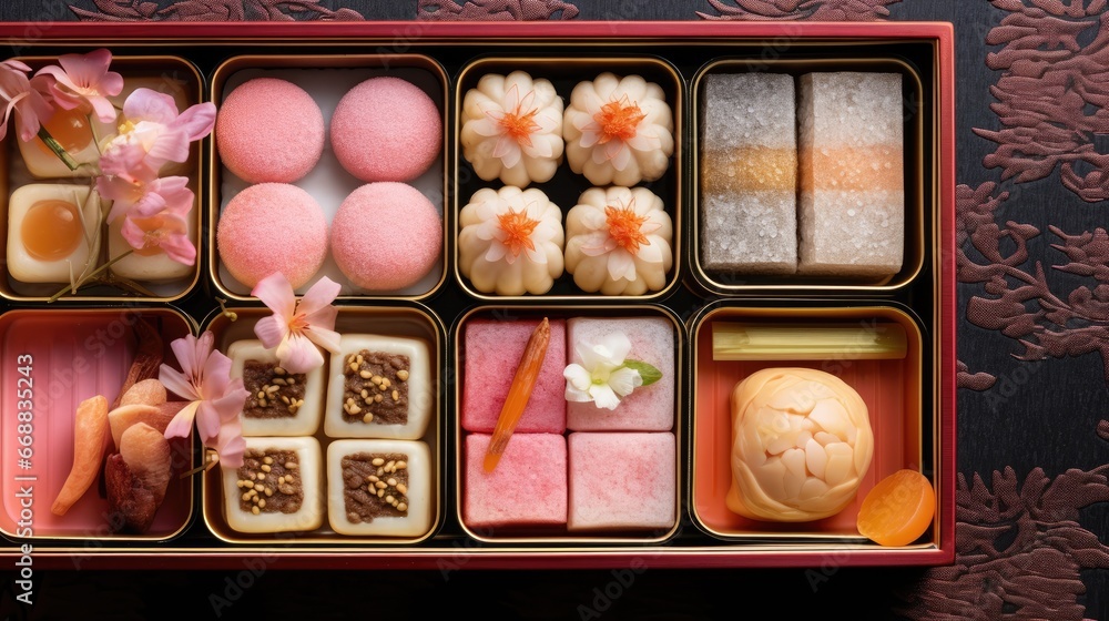 Poster a close up of a box of food with different types of food in it and a flower on the top of the box an