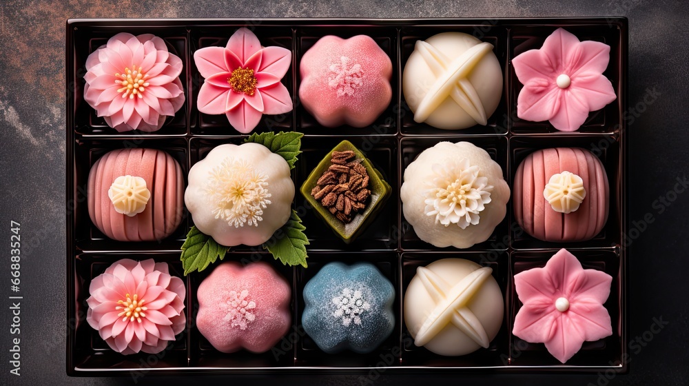 Aufkleber a box filled with lots of different types of macaroni and cheese covered in pink and white frosting 