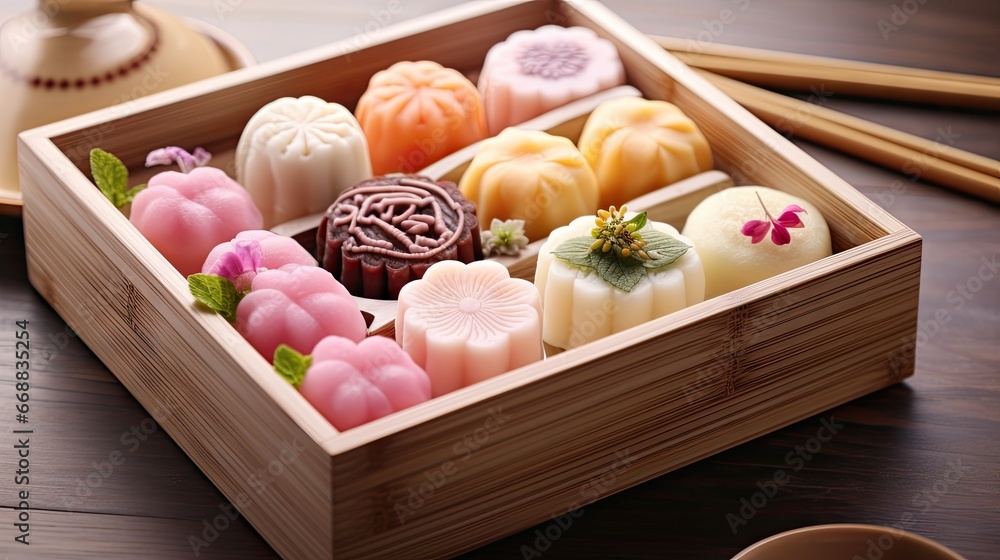 Poster a close up of a box of soaps on a table with chopsticks and a cup of coffee on the side of the box a