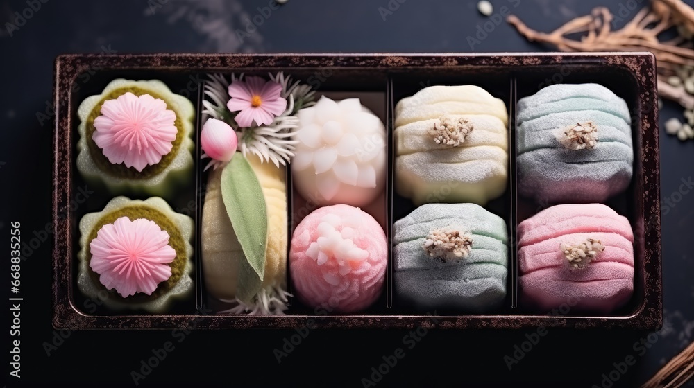 Poster  a close up of a box of soaps with different types of soaps on the inside of the box and a flower on the outside of the box on the inside of the box.  generative ai