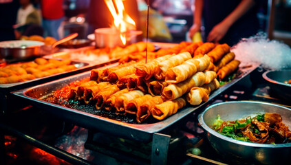 Fried food with sticks, Thai style food, Thailand street food. AI generated