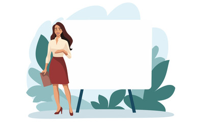 Flat vector illustration. A woman stands next to the banner and smiles, giving a presentation. Presentation and banner for a web site. Place for your text on the banner . Vector illustration