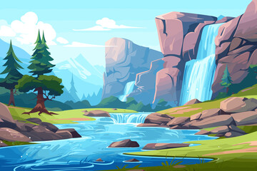 Water cascade game asset landscape waterfall flat design