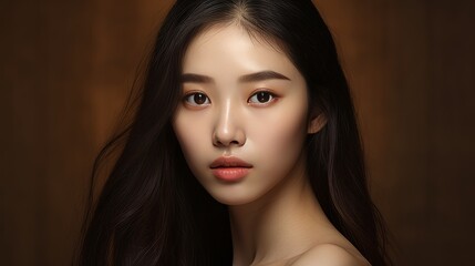 Fototapeta premium Beautiful Young Korean Woman Portrait with Perfect Smooth Skin on Brown Background - Flawless Beauty in Focus