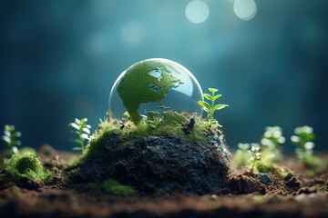 Globe with green plant on soil, Environment conservation concept, 3D Rendering, AI Generated