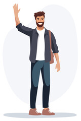Flat vector illustration. Young man standing, smiling and waving his hand. Vector illustration