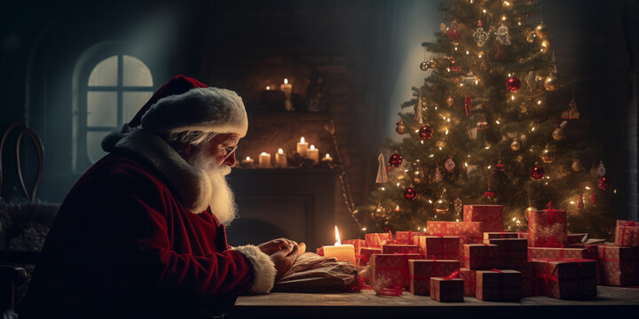 santa clause sittig at table in chrismas setup.