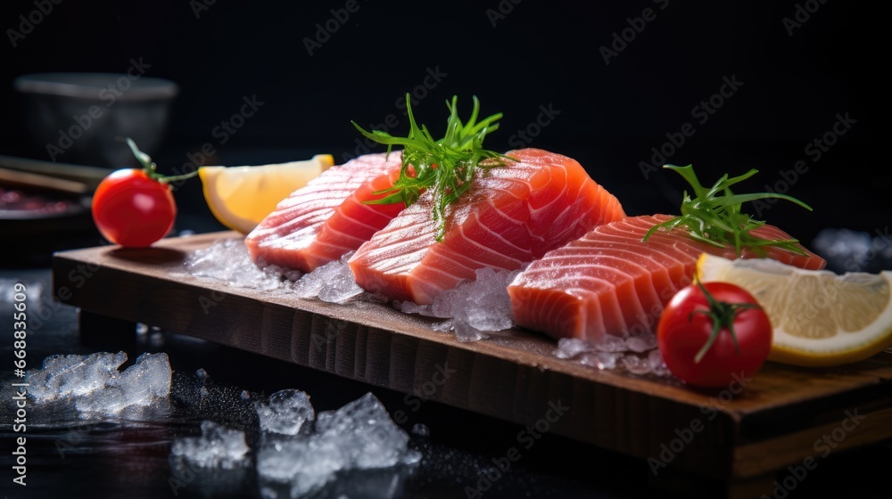 Poster a close up of fish on ice with lemons and tomatoes on a cutting board with salt and lemon wedges on 