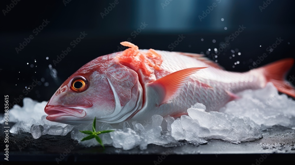 Poster a close up of a fish on a pile of ice with water splashing out of it's back and a green stem stickin