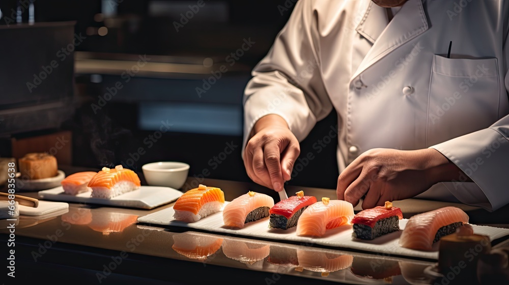 Aufkleber a person in a chef's uniform preparing sushi on a cutting board with chopsticks in front of a row of