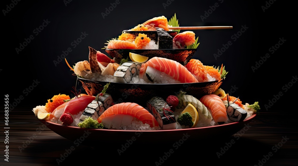 Poster a plate of sushi on a table with chopsticks and chopsticks in the shape of a pyramid on top of the p