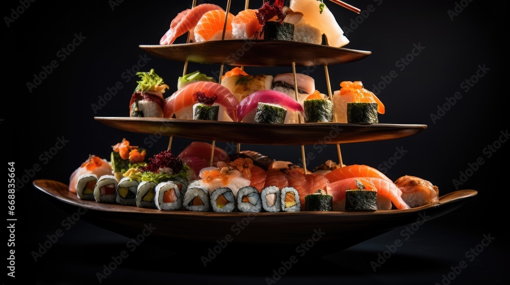 Poster a three tiered tray filled with assorted sushi on top of a black background with chopsticks sticking