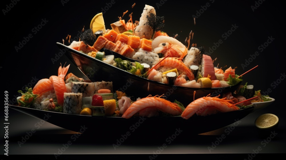 Poster a black bowl filled with assorted sushi on top of a table next to another bowl filled with assorted 