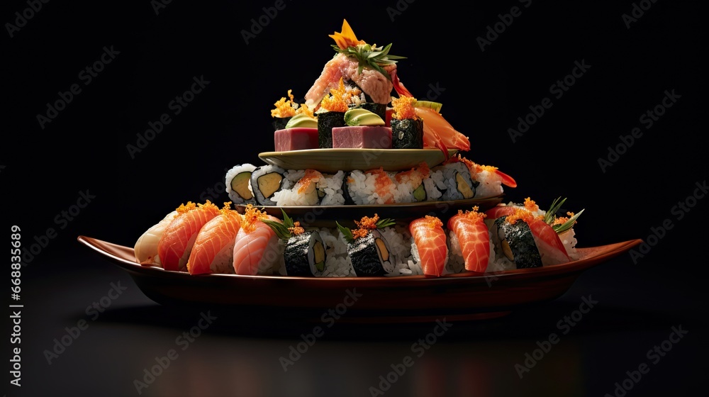 Poster a platter of sushi with a pyramid of sushi on top of it with sushi on the bottom of the platter and 