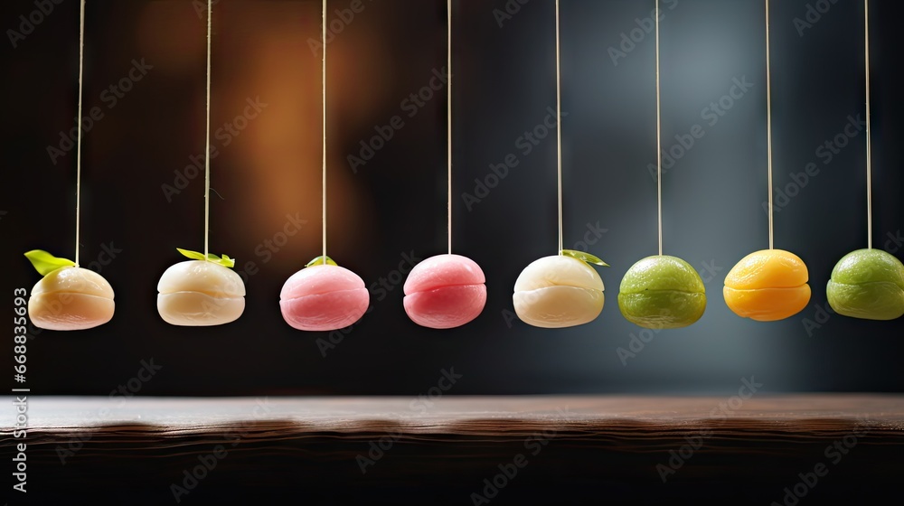 Poster a group of fruits hanging from strings in a line next to a wooden table with a black wall in the bac