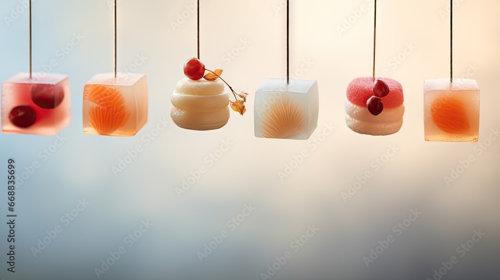 Poster a group of four ice cubes hanging from strings with a cherry on top of one of the ice cubes and a ch
