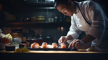 a chef in a kitchen, wearing a white dress and holding a knife in his hand On the table in front of him are a variety of food items, a flower vase, and other objec