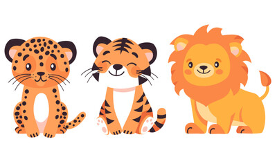 Set of flat vector children's illustration. Wild cats of safari and Africa, tiger, lion and leopard. Animals on white background . Vector illustration