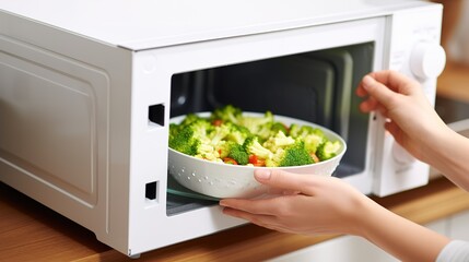 Closeup of woman's hand making vegetable salad in microwave oven at home - obrazy, fototapety, plakaty