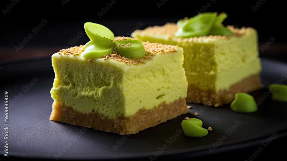 Poster  a close up of a piece of cake on a plate with a slice cut out of it and a few pieces of the cake on the plate with the rest of the rest of the cake.  generative ai