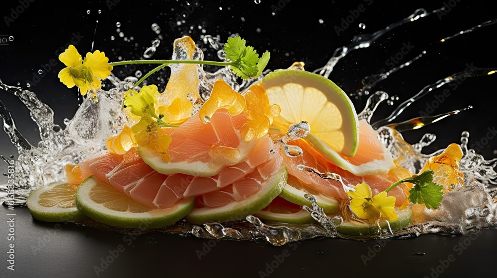 Poster a bunch of food that is on top of a table with water splashing out of the top of it and a bunch of f