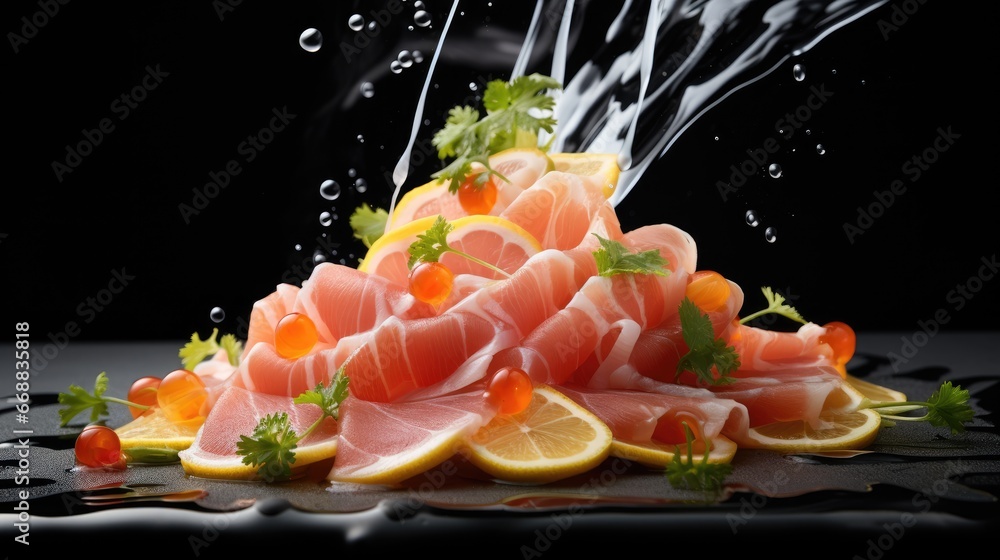 Poster a bunch of food that is on top of a table with water coming out of the top of it and on top of a pil