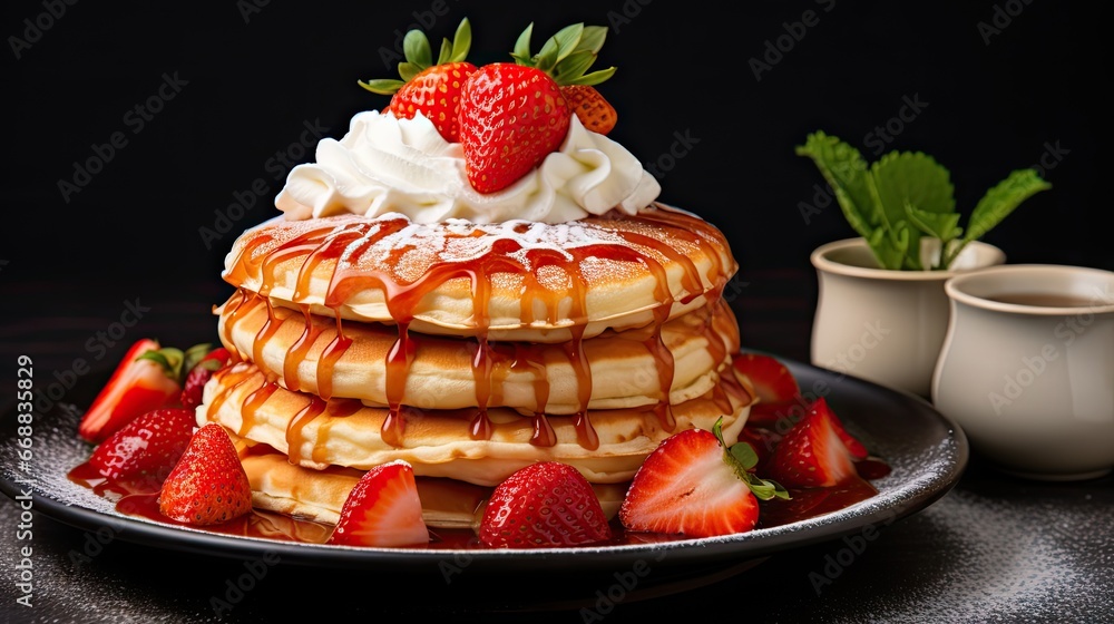 Poster a stack of pancakes sitting on top of a plate covered in syrup and covered in whipped cream and topp
