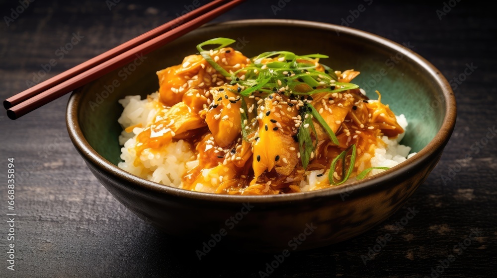 Poster a close up of a bowl of food with chopsticks on the side of the bowl and another bowl of food in the