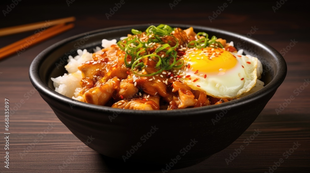 Poster a close up of a bowl of food with rice and an egg on top of it with chopsticks in front of the bowl 