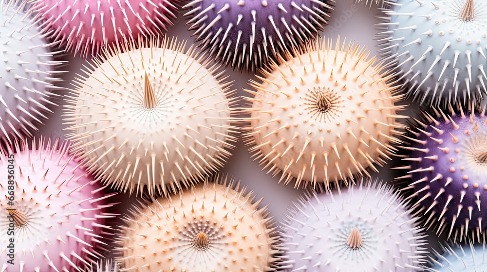 Aufkleber a close up of a bunch of different colored spiky balls of different sizes and shapes with a white ce