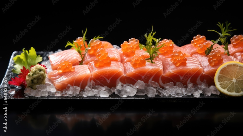 Poster a close up of sushi on a plate with a slice of lemon and garnishes on the side of the plate and a sl