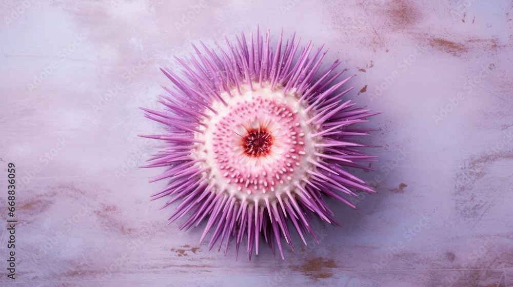 Poster a purple and white spiky object sitting on top of a white table next to a black and white object wit