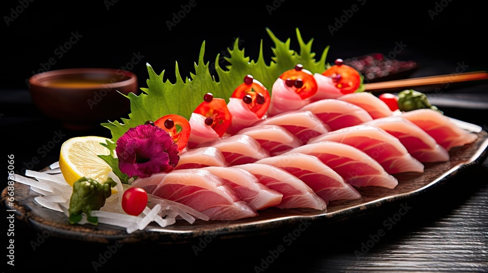 Poster a close up of a plate of food on a table with chopsticks and a bowl of sauce in the background with 