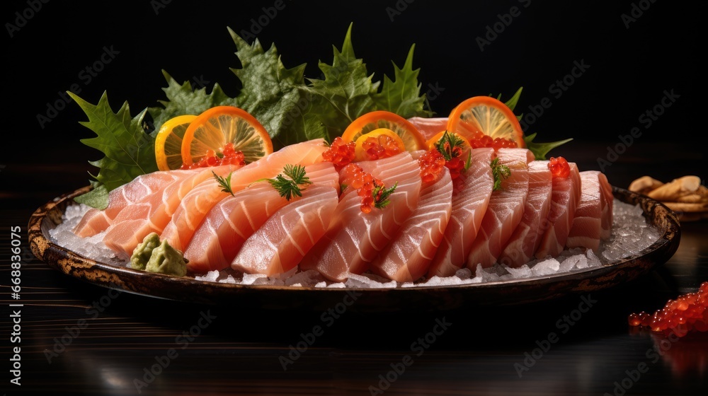 Poster a platter filled with lots of different types of fish on top of ice and garnished with orange slices