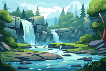 Water cascade game asset landscape waterfall flat design