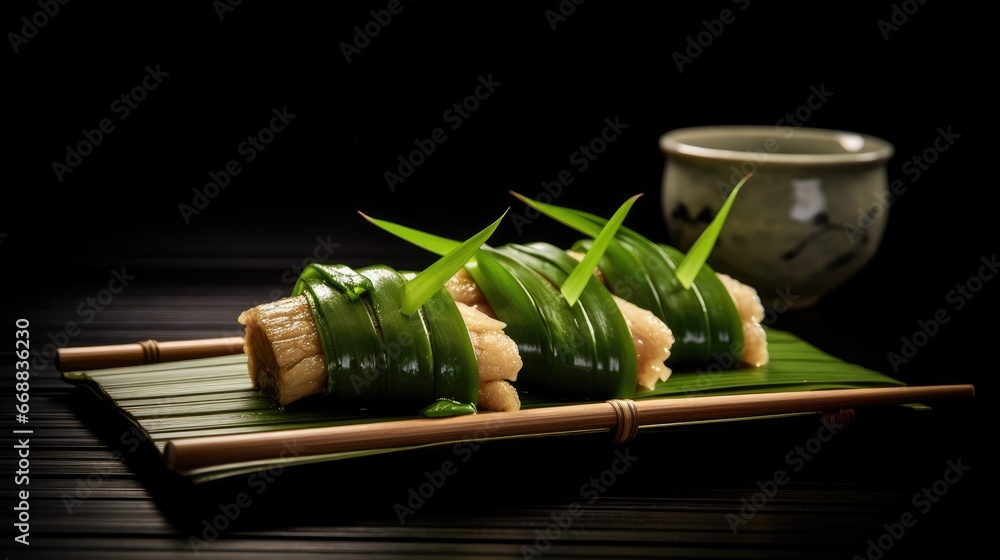 Poster a close up of a plate of food on a table with chopsticks and a bowl of food in the background and a 