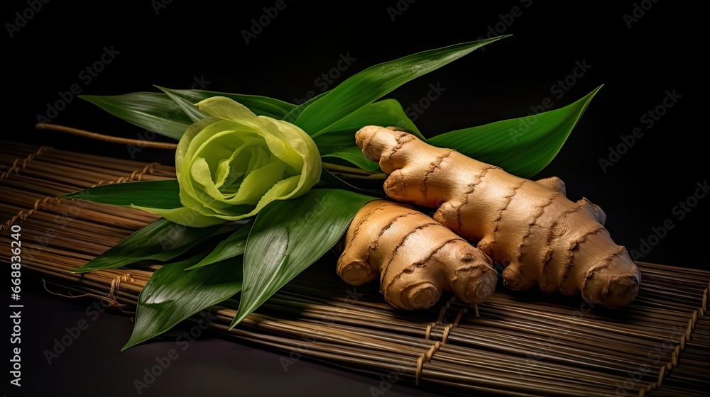 Poster a close up of a bunch of fresh ginger on a bamboo mat with a green flower on the end of the stem and