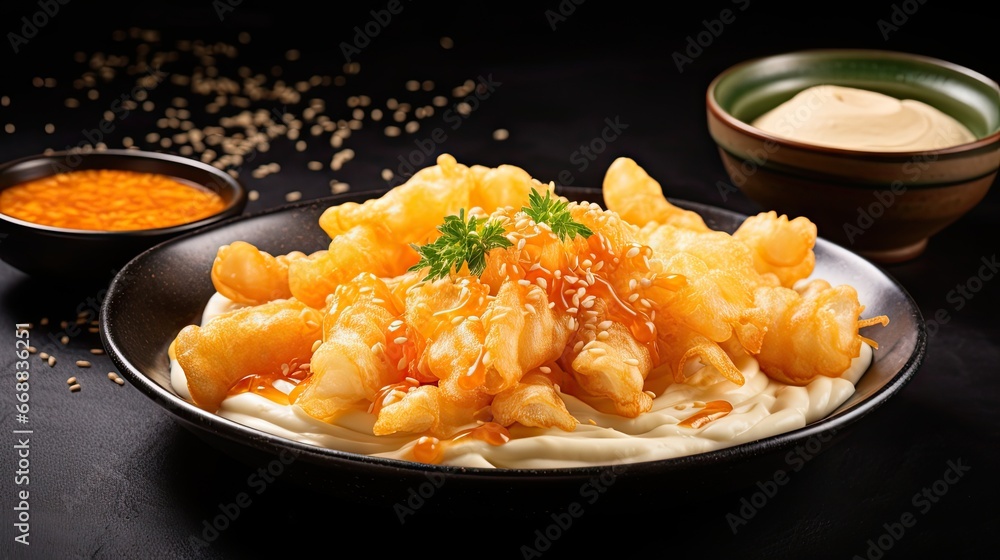 Poster a close up of a plate of food on a table with a bowl of sauce and a plate of food on a table with a 